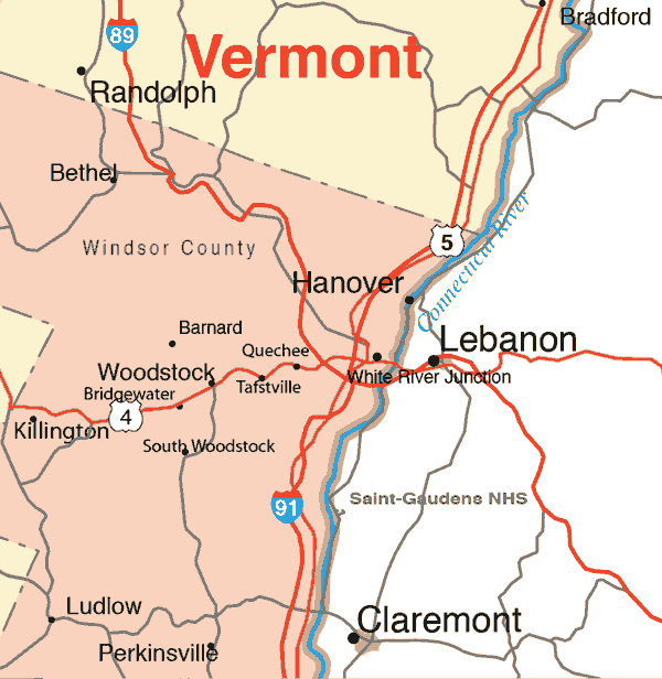 Map Shows Woodstock in relation to other major centers in central Vermont